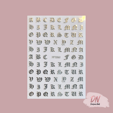 Load image into Gallery viewer, old english alphabet stickers 5 styles silver
